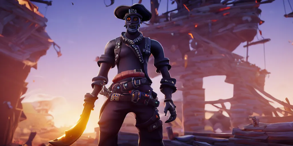 Image similar to A screenshot of a fortnite pirate standing on the front of the ghost ship with the black Jolly Roger flag, in Fortnite, extremely detailed, pirate portrait, fantasy art overwatch and heartstone, cgsociety, artstation hq, octane render, 8k, Unreal Engine, 4K UHD, RTX, DLSS,