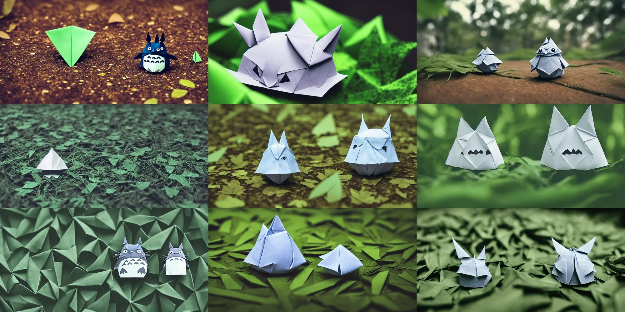 Image similar to totoro in film still with a full still life film still commercial extreme closeup photo of real - life intricate origami plant, eye contact, tilt shift zaha hadid real - life origami forests background, ghibli leaf hat insta filter, cinestill, 8 k