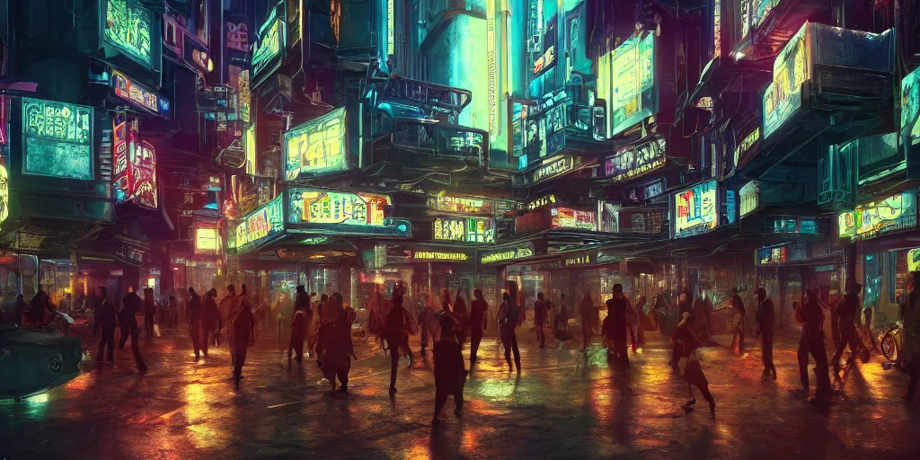 Image similar to Photorealistic cyberpunk theatre in crowded Charlottetown night. Hyperdetailed photorealism, UHD, amazing depth, glowing rich colors, golden ration, 3D octane cycle unreal engine 5, 3d shading, cinematic lighting, artstation concept art