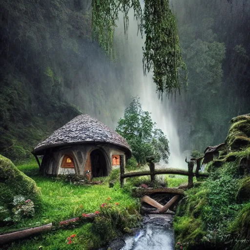 Prompt: inside a medieval hobbit home, ornate, beautiful, atmosphere, vibe, mist, smoke, chimney, rain, wet, pristine, puddles, waterfall, melting, snow, creek, lush, ice, bridge, forest, flowers, james jean