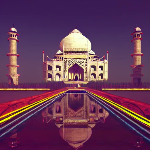 Prompt: if The Taj Mahal was built in cyberpunk 2077, hyper-realistic, futuristic, neon lights, digital art, cinematic 3d render