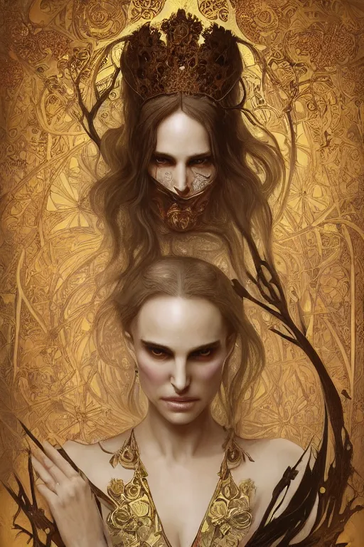 Prompt: natalie portman as queen of the undead, painted by nekro, alphonse mucha, dark - fantasy, intricate detail, artstation, cgsociety, rococo, gold leaf art