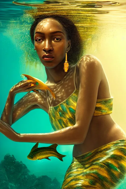 Image similar to hyperrealistic precisionist cinematic half underwater scene with fish and algae, very expressive! translucent elegant african goddess getting out of water, gold jewerly, highly detailed face, digital art masterpiece, aykut aydogdu zener, dramatic volumetric light, long shot, low angle uhd 8 k, sharp focus