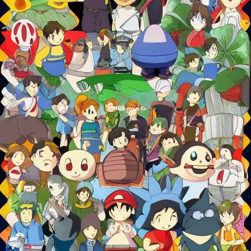 Image similar to Nintendo characters in the style of Studio Ghibli