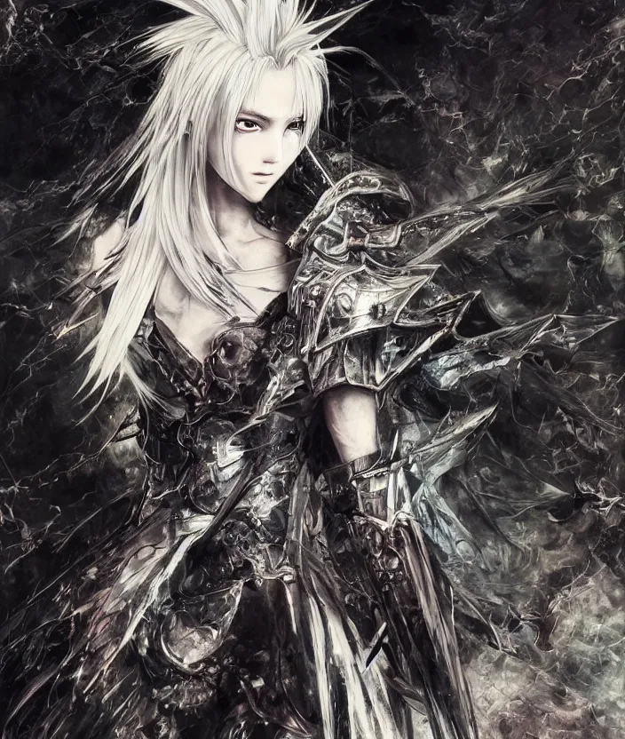 Image similar to Yoshitaka Amano realistic illustration of an anime girl with white hair and cracks on her face wearing dark souls armour with the cape fluttering in the wind, abstract black and white patterns on the background, noisy film grain effect, highly detailed, Renaissance oil painting, weird portrait angle