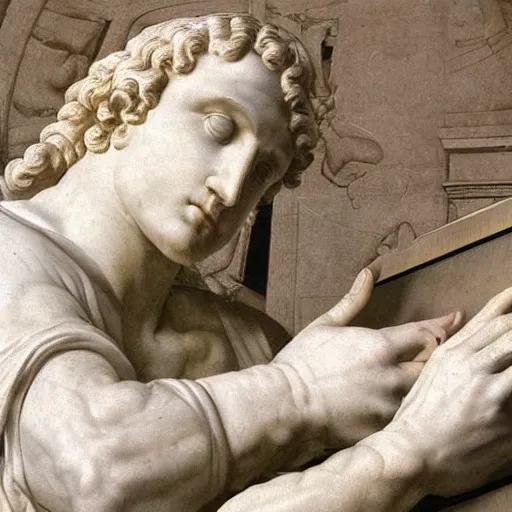 Image similar to photo of a intricately detailed marble statue of david facepalming with a laptop on his lab, because of his slow internet by leonardo davinci