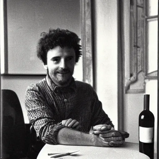 Prompt: photograph of a frenchman seated at a table with a bottle of wine in 1 9 9 0. in color!!!, award winning photography, 5 0 mm, extremely detailed face