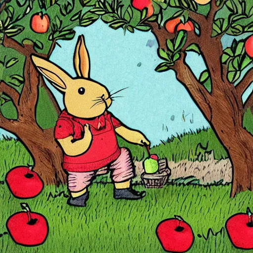 Prompt: little rabbit working in the garden, gathering apples from the tree, illustration by charlet addams