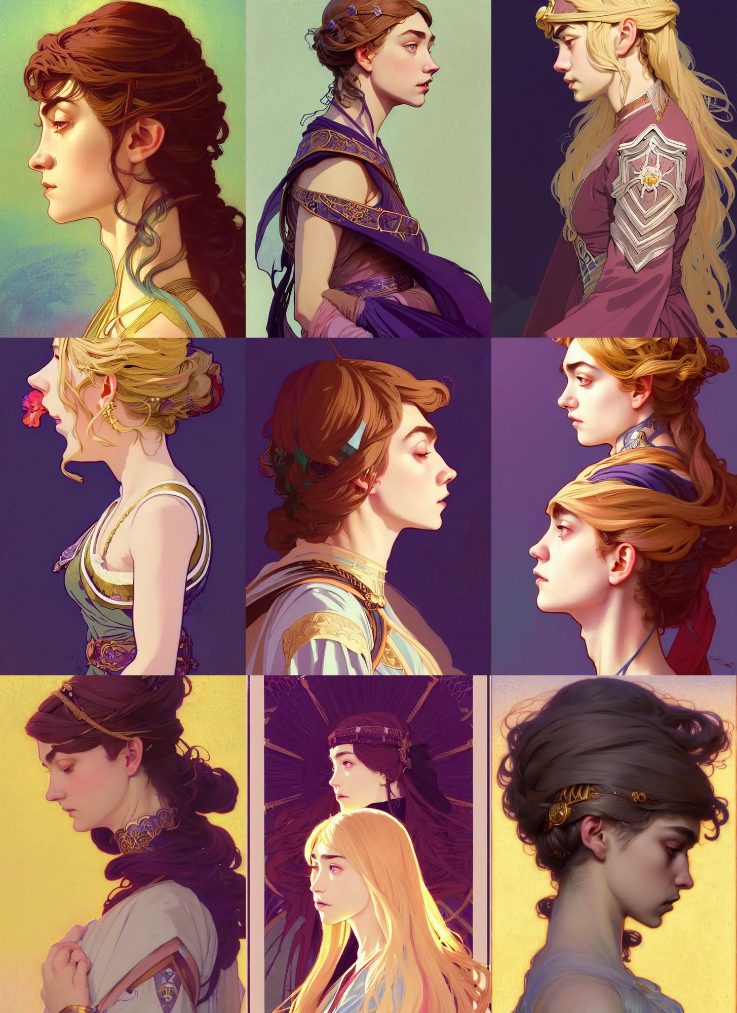 Prompt: side profile centered painted portrait, Imogen Poots as holy Paladin, D&D, matte painting concept art, beautifully backlit, official fanart, art nouveau, colourful, pretty face, intricate eyes, beautiful, elegant, Anime by Mucha and ilya kuvshinov and Cushart Krentz and Gilleard James, 4k, HDR, Trending on artstation, Behance, award winning