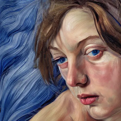 Image similar to high quality high detail painting by lucian freud, hd, blue hair beautiful girl portrait, photorealistic lighting