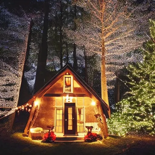 Prompt: cozy cottage in the woods at night with string lights and giant trees