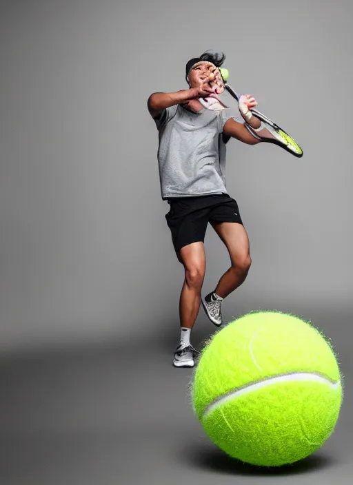 Prompt: full-body photograph of Tennis ball monster , majestic lighting, XF IQ4, 150MP, 50mm, F1.4, ISO 200, 1/160s, natural light