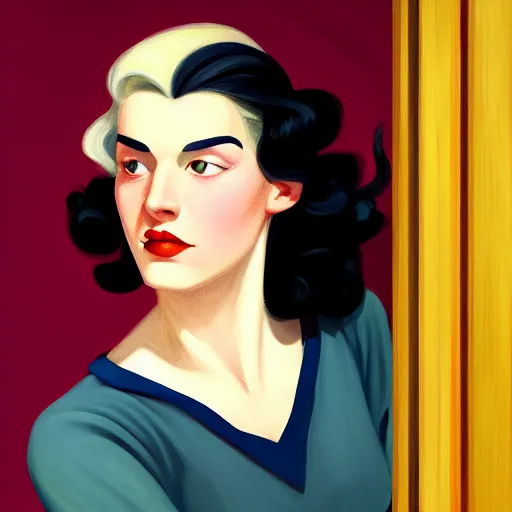 Prompt: A beautiful close-up of a young white-haired man with ver long curly hair, femenine face, dressed like in the 1940s, digital art by Edward Hopper, vibrant color scheme, highly detailed, in the style of romanticism, fine Art, high detail, great lighting, 8k resolution, masterpiece, concept art, illustration, clear eyes, soft lighting, soft details, painting oil on canvas, octane render, HDR, trending on artstation, 4k, 8k, HD