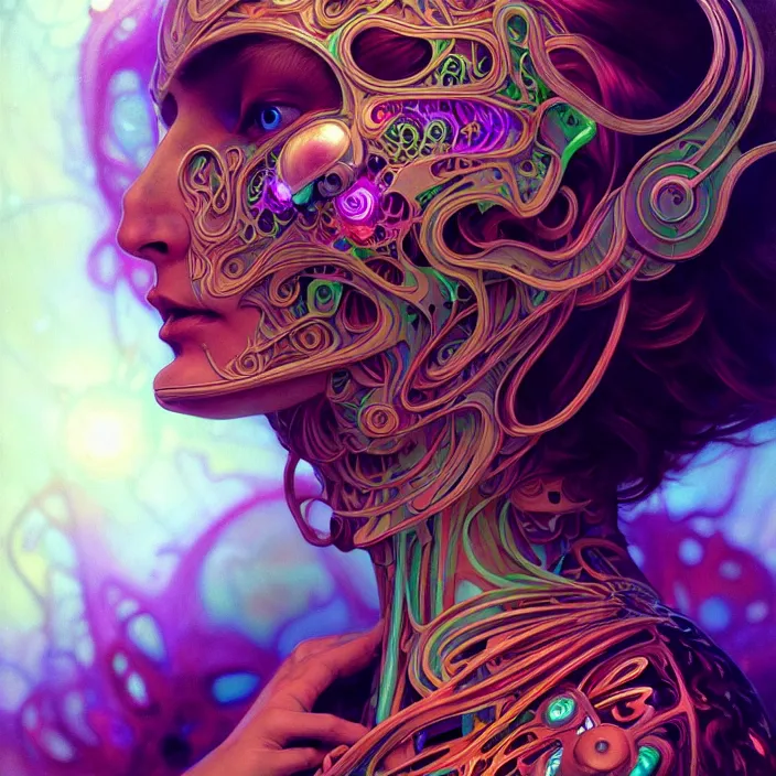 Image similar to bright psychedelic portrait of organic cyborg, wings, volumetric smoke, diffuse lighting, fantasy, intricate, elegant, highly detailed, lifelike, photorealistic, digital painting, artstation, illustration, concept art, smooth, sharp focus, art by John Collier and Albert Aublet and Krenz Cushart and Artem Demura and Alphonse Mucha