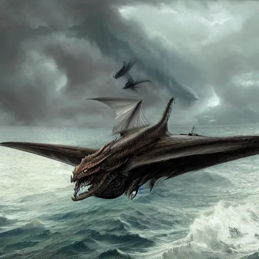 Image similar to dragon, huge wings, scary weather, stormy, ocean, exudes terror ， island ， castle ， vine, spitfire, photography, hyperrealistic, by greg rutkowski, smooth, illustration, elegant, artstation, digital painting.