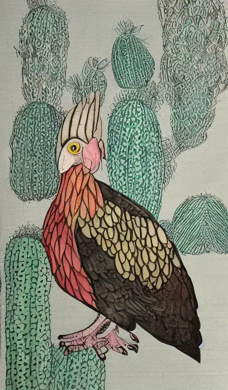 Prompt: turkey vulture sitting on cactus by Shen Quan, hanging scroll, ink and colours on silk