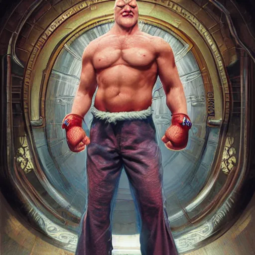 Image similar to david koechner as zangiff from street fighter, flexing, no shirt ultra realistic, concept art, intricate details, eerie, highly detailed, photorealistic, octane render, 8 k, unreal engine. art by artgerm and greg rutkowski and magali villeneuve and alphonse mucha