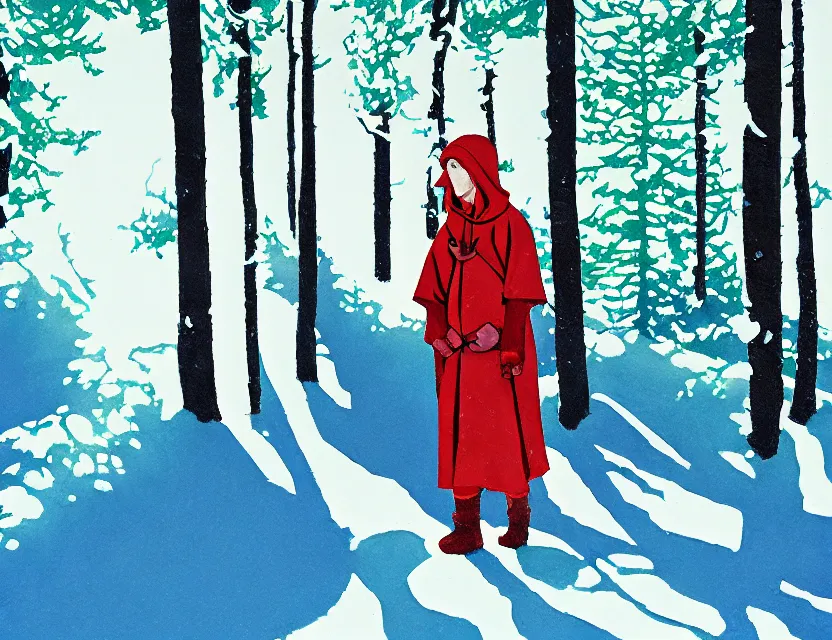 Image similar to snow priest of summer woods. gouache, limited palette with complementary colors, by award - winning mangaka, backlighting, bold composition, depth of field.