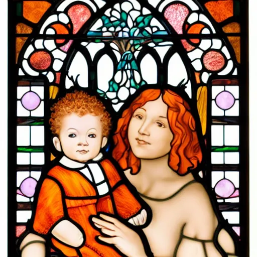 Prompt: a beautiful pale woman with orange hair holding both a curly headed baby boy and also a brown poodle, on a stained glass window, abstract