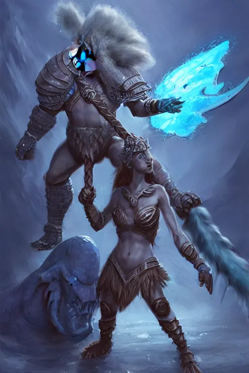 Image similar to a small blue-skinned triton girl wearing scale armor riding on a the shoulders of a large male goliath wearing fur and leather armor, dnd concept art, painting by keith parkinson