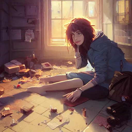 Prompt: Highly detailed full-body portrait of homeless Cristin Milioti, sitting down, fantasy art by Greg Rutkowski, Loish, Rhads, Makoto Shinkai and Lois van baarle, ilya kuvshinov, rossdraws global illumination, radiant light, detailed and intricate environment