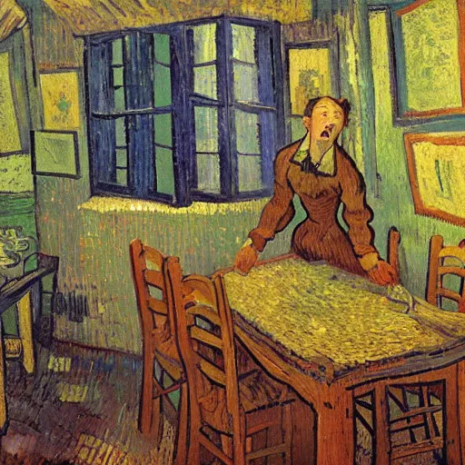 Prompt: high quality high detail painting by vincent van gogh, hd, screaming woman, photorealistic lighting