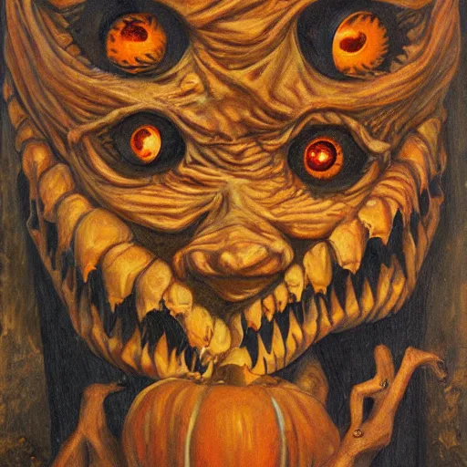 Prompt: a creepy pumpkin monster with multiple faces and eyes everywhere by guillermo del torro, oil on canvas