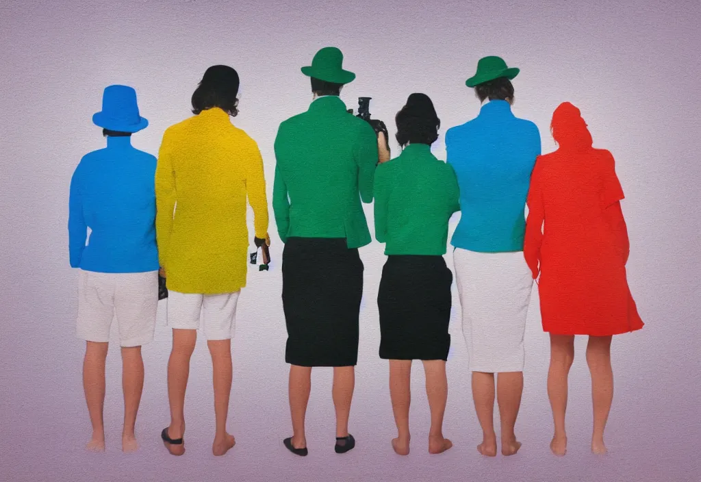 Image similar to full body portrait of a trio of european tourists with nikon cameras, rear views, character designs painting, in the style of wes anderson, rene magritte, lola dupre, david hockney, isolated on white background, dark monochrome neon spraypaint accents volumetric octane render