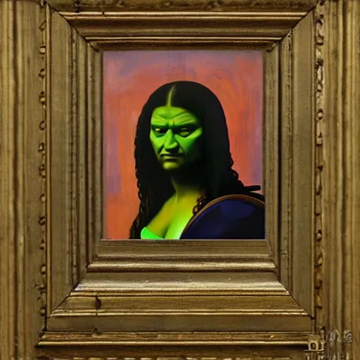 Image similar to the hulk as the monalisa by leonardo da vinci