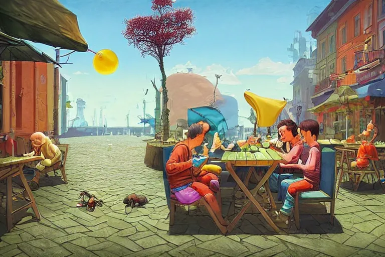 Prompt: 4 happy friends eating fish outside in a restaurant in the city, summer morning, very coherent and colorful high contrast, art by gediminas pranckevicius, geof darrow, dark shadows, hard lighting