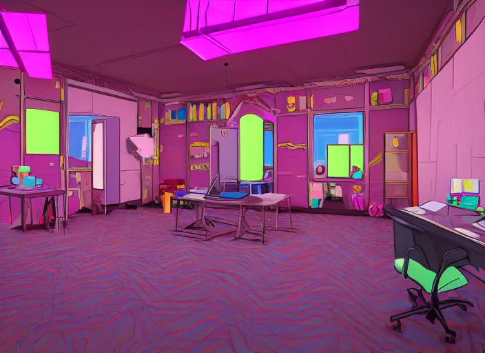 Prompt: steven universe inspired stanley parable office backrooms, creepy but colorful render, intricate detail, castle oblivion, normal workplace office, pastel 8 0 s, uhd