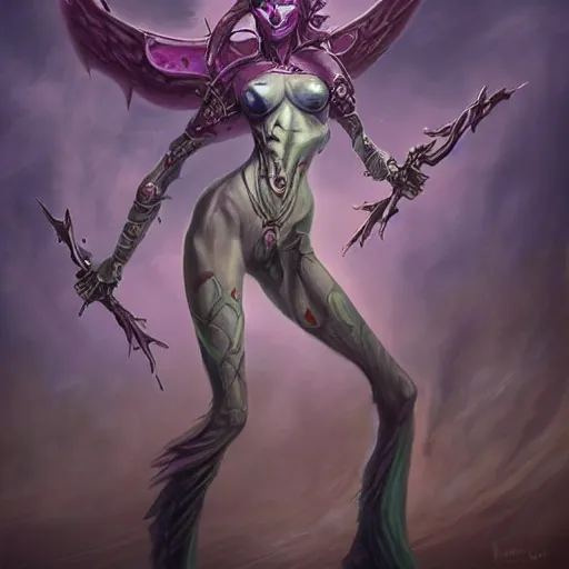 Image similar to alluring adherent to slaanesh, magic the gathering art, in the style of peter mohrbacher and keith thompson