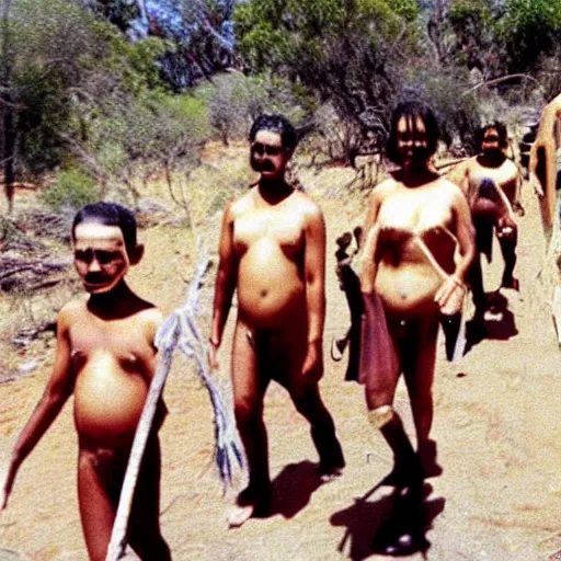 Prompt: secret photos of a cult in central australia. everyone must not wear pants, only tops, all their hair is shaved off but bears are aloud. you must carry a vegetable at all times. very creepy photos of this strange cult in the year 1 9 9 7