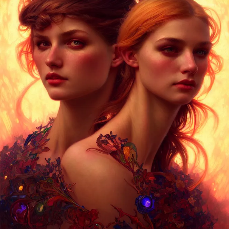 Prompt: bright portrait LSD glowing backlit, fantasy, intricate, elegant, dramatic lighting, highly detailed, lifelike, photorealistic, digital painting, artstation, illustration, concept art, smooth, sharp focus, art by John Collier and Albert Aublet and Krenz Cushart and Artem Demura and Alphonse Mucha