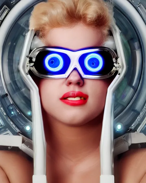 Image similar to centered portrait photo of amused young anna nicole smith as a solarpunk mecha humanoid robotic parts wearing goggles with bright lights, real human face, pudica pose, inside white room, ultra - realistic and detailed, 8 k