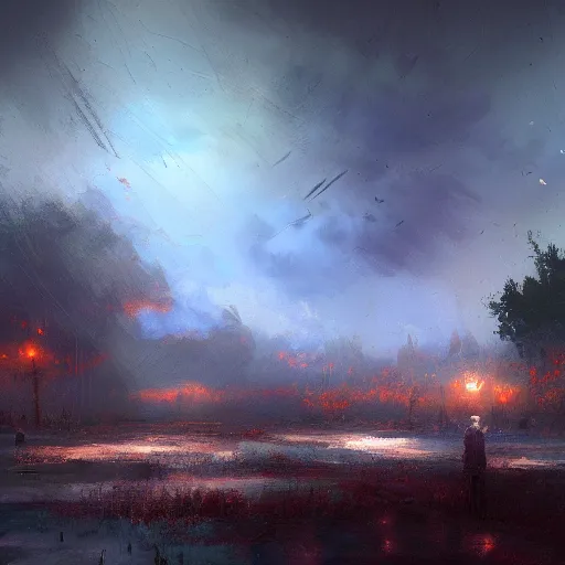 Prompt: a sky of fallen dreams falling to the ground, beautiful, landscape, in the style of craig mullins, whimsically, eerie