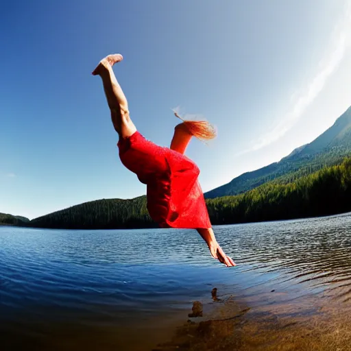 Prompt: a woman falling at a lake, fast shutter speed, high speed, action photo, 1 / 1 0 0 0 sec shutter, fish - eye lens