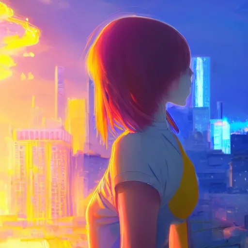 Image similar to anime ukrainian girl, in blue and yellow clothes, watching explosions in big city, concept art, trending on artstation, highly detailed, intricate, sharp focus, digital art, 8 k