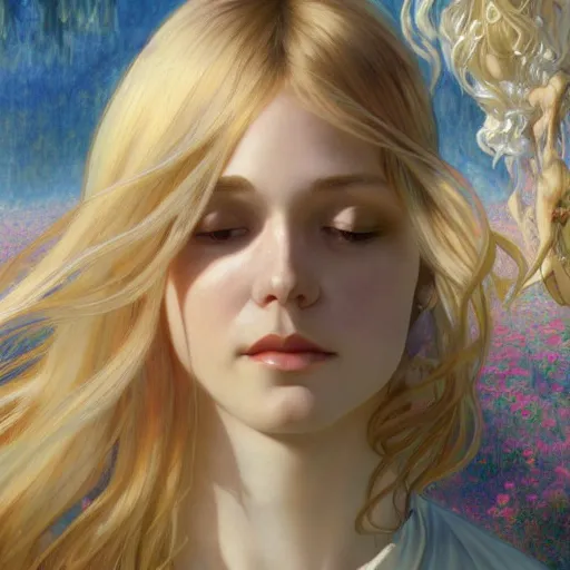 Image similar to A young woman with blonde long hair and bangs in shorts and white shirt drawn by Donato Giancola and Anna Dittmann, frank frazetta, alphonse mucha, background by James Jean and gustav klimt, 4k, volumetric lighting, french nouveau, trending on artstation, octane render, hyperrealistic