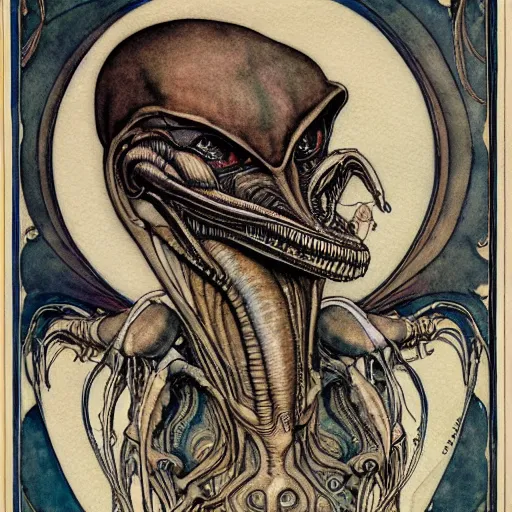 Image similar to a detailed, intricate watercolor and ink art nouveau portrait illustration with fine lines of h. r. giger's xenomorph alien head and torso, by arthur rackham and edmund dulac and lisbeth zwerger and alphonse mucha