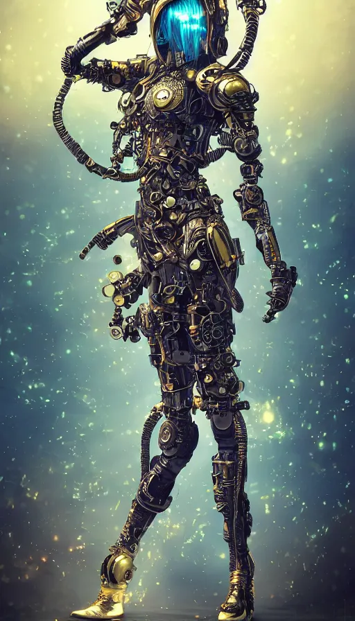 Image similar to full body head to toe portrait of a flowerpunk sci-fi cyborg ninja, third person, D&D, sci-fi fantasy, intricate, blue and gold, highly detailed, art by Range Murata, highly detailed, 3d, octane render, bright colors, digital painting, trending on artstation, sharp focus, illustration style of Stanley Artgerm, dramatic background