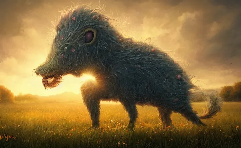 Prompt: a whimsical creature in a field, beautiful, warm dynamic lighting, atmospheric, cinematic, highly detailed digital art, painted by scott musgrove