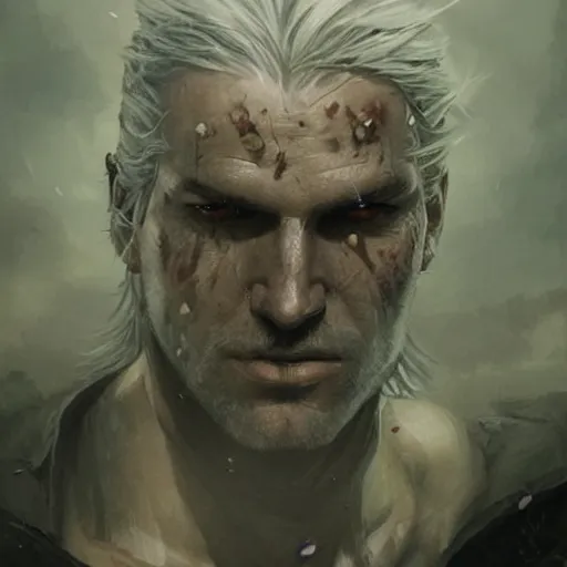 Prompt: a mutated geralt of rivia, close up, portrait, sinister atmospheric lighting. highly detailed painting by greg rutkowski, anime style
