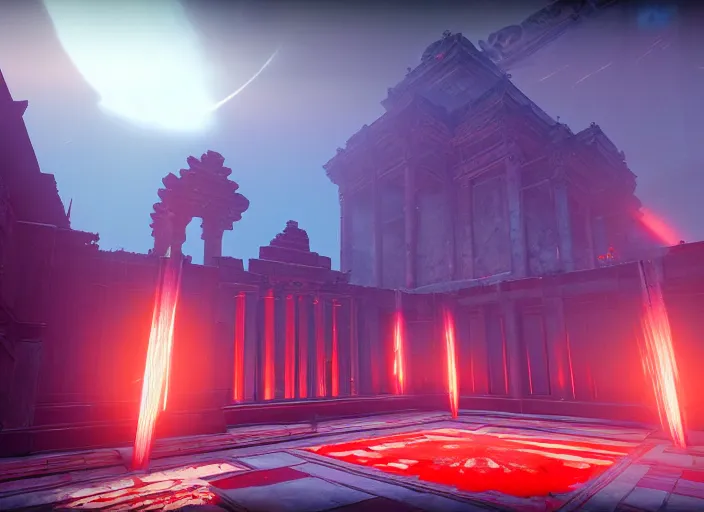 Prompt: ancient temple of worship with red shafts of light in destiny 2, foggy, liminal, dark, dystopian, beautiful architecture, abandoned, highly detailed 4 k 6 0 fps in - game destiny 2 gameplay screenshot leak