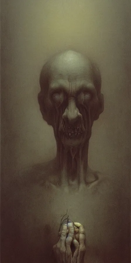 Image similar to potrait of a man filled with despair, by Zdzislaw Beksinski, gothic, amazing details, cold hue's, warm tone gradient background