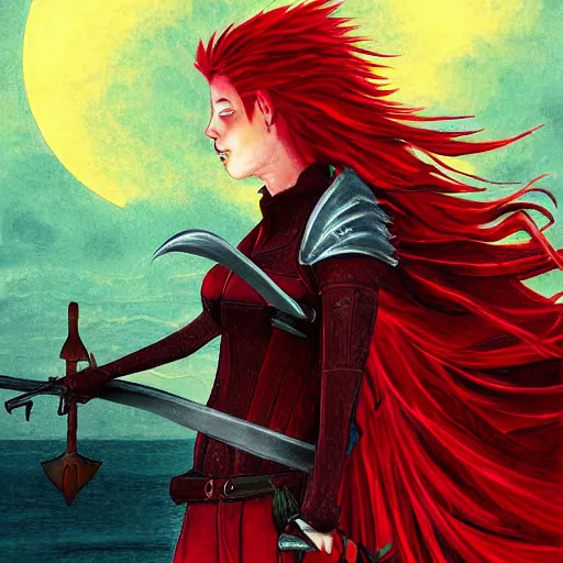 Image similar to Digital painting of a red haired rogue duel wielding scimitars on the helm of a boat with a spectral bird on her shoulder