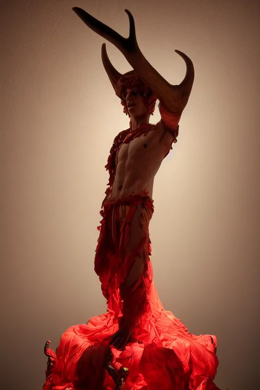 Image similar to a cinematic view of a ornated holy sacred faun statue using a old red silk veil made by hedi xandt, chris haas and bernini, realistic, macabre art, detailed image, photorealistic, volummetric light