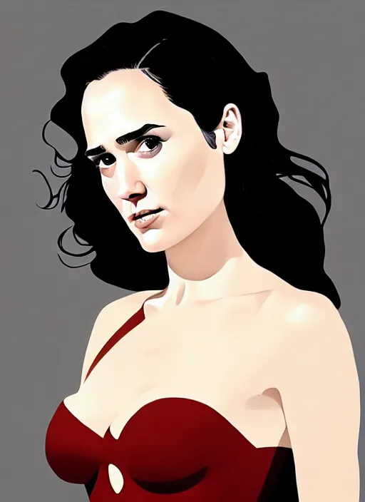 Image similar to detailed artwork by phil noto ; stylized painting of young jennifer connelly ; gal gadot ; eva green ; young jennifer connelly from the rocketeer ; brush texture ; asymmetric composition ; paint texture ; trending on artstation ; gallery painting by phil noto, comic style