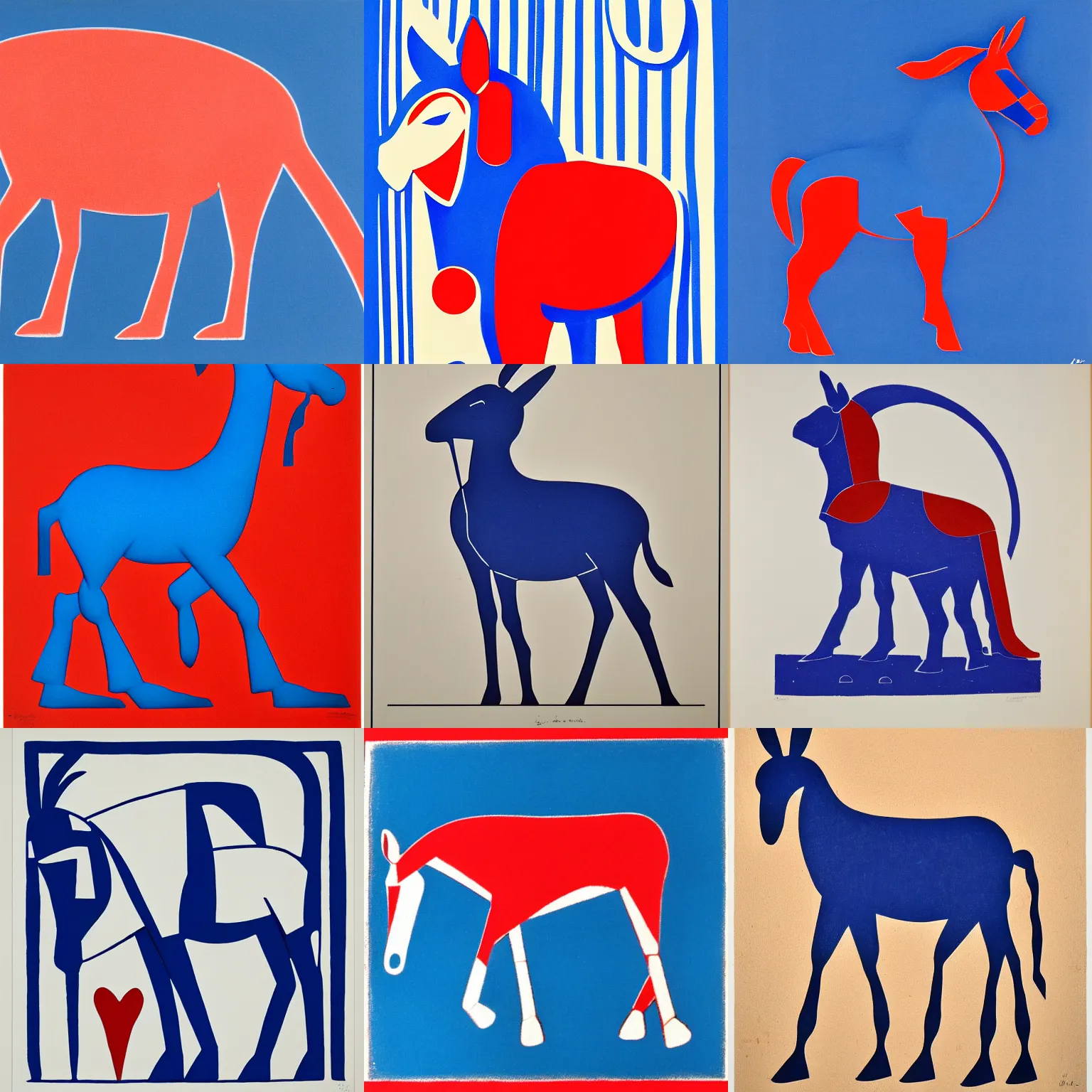 Image similar to lithograph of donkey!! cycladic sculpture, simplified, silhouette, full body, solid colors, block print, iconic, side view, centered, white background, ultramarine blue and red iron oxide