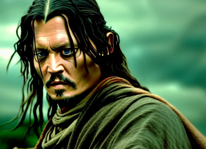 Prompt: filmstill johnny depp as aragorn, 1 0 0 mm lens, canon eos, red cinema camera, frontal view, dynamic pose, intricate, elegant, highly detailed, centered, redshift, octane, smooth, sharp focus, zeiss lens,